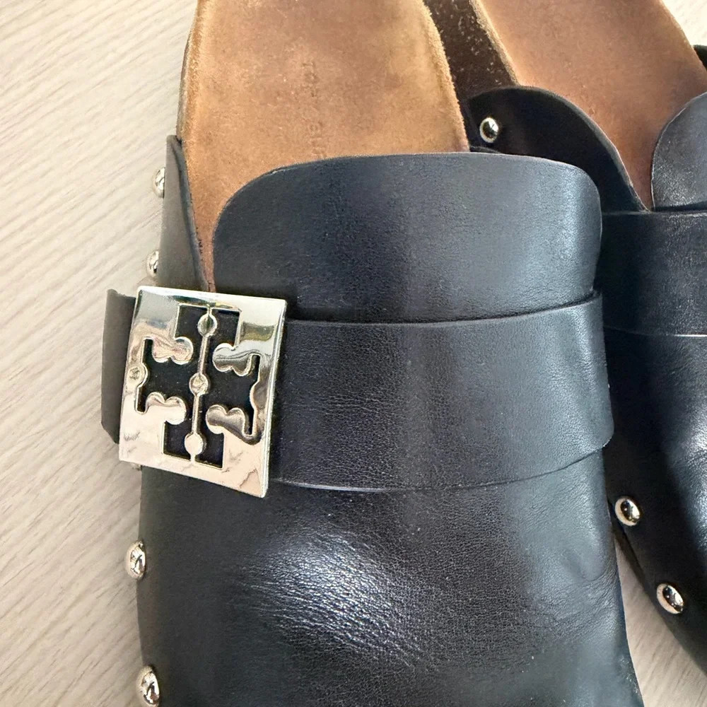 Tory Burch Black Leather Studded Mule Clogs with Silver Logo Accent - Picture 6 of 9